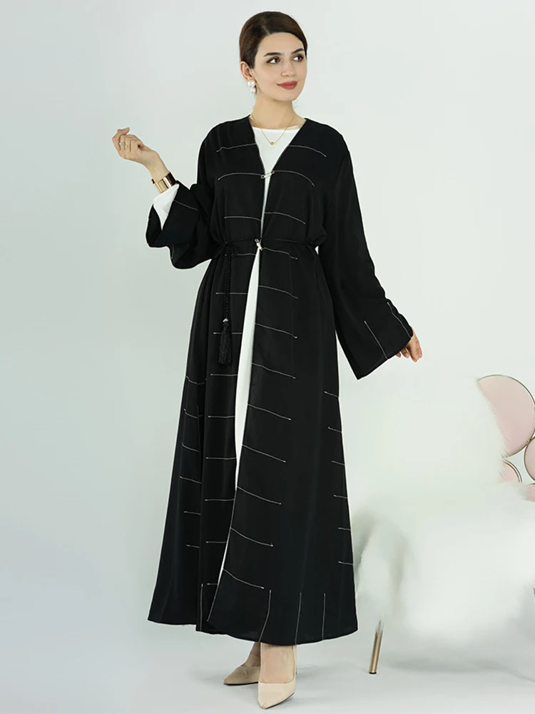 

Turkish Dubai Solid Open Kimono Abaya Moroccan Kaftan For Women Islamic Gulf Belted Outfits Jalabiyat Saudi African Clothing