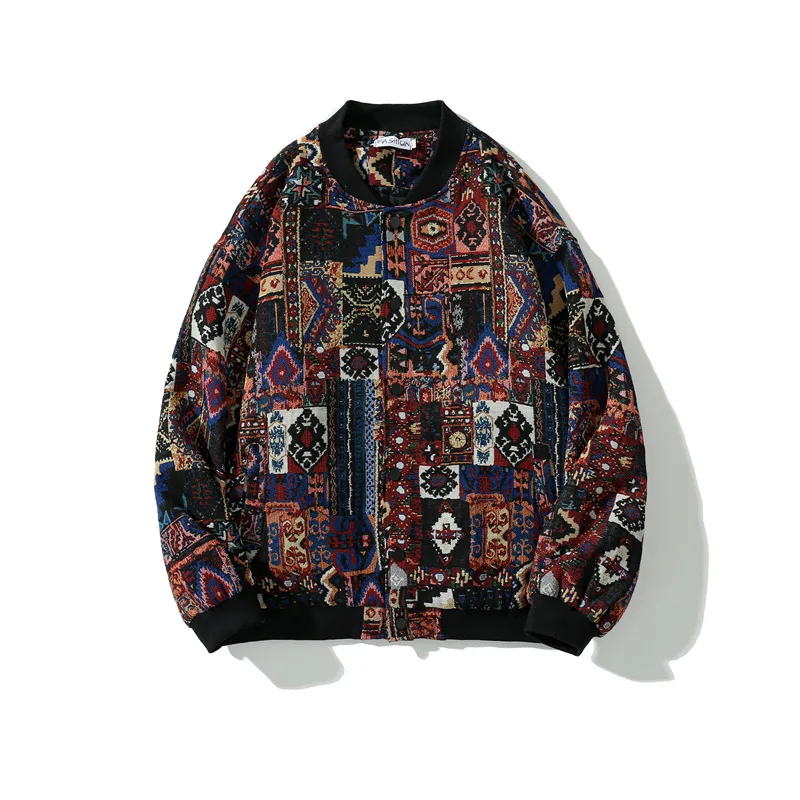 

LUCLESAM Men's Ethnic Printed Jackets Stand Collar Baseball Uniform Spring Autumn New Trend Retro Harajuku Style Male Loose Coat