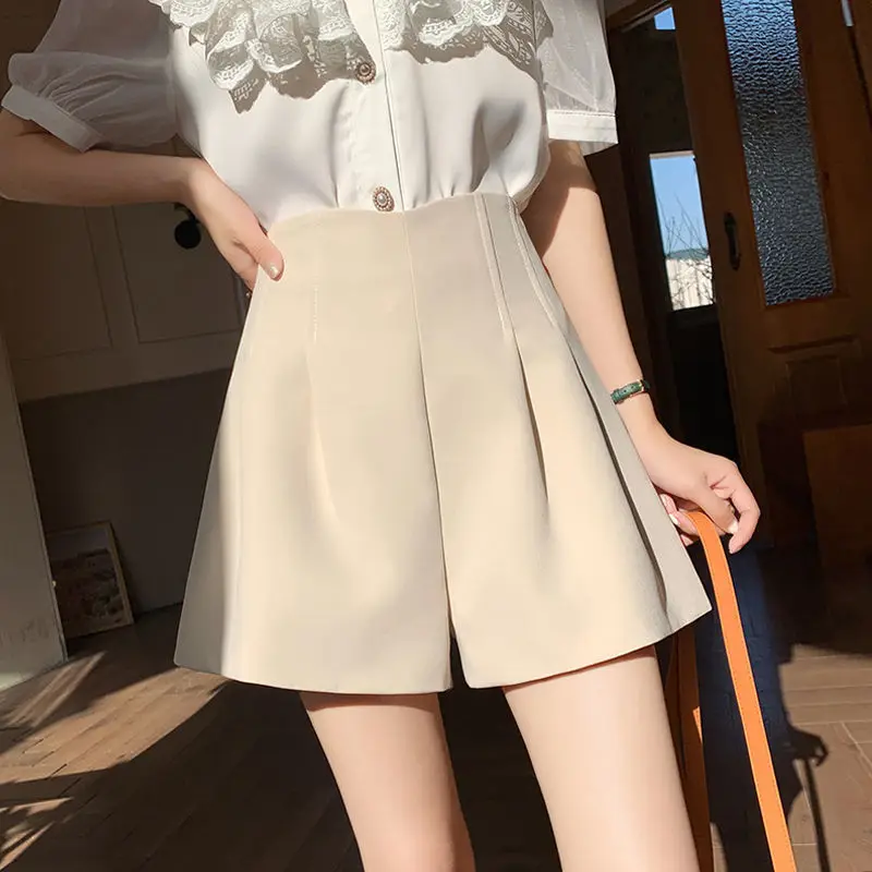 Women's Clothing Solid Color High Waisted Zipper Shirring Casual Fashion Elegant Summer Wide Leg Knee Pants Vacation Shorts