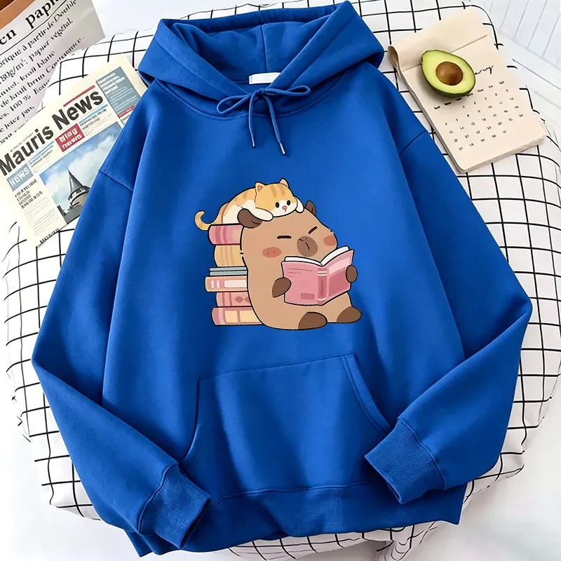 Cat and Capybara Reading Cozy Hoodie - Casual Harajuku Sweatshirt