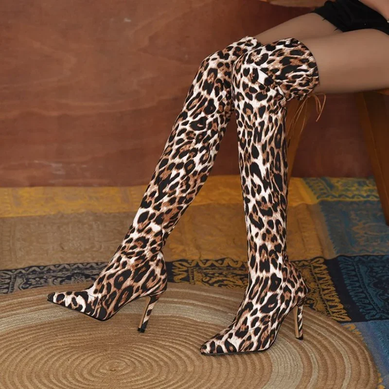 Sexy Fashion Boots Woman New Pointed Thin High Heel Over Knee Boots Women Shoes Plus Size Leopard Print Elastic