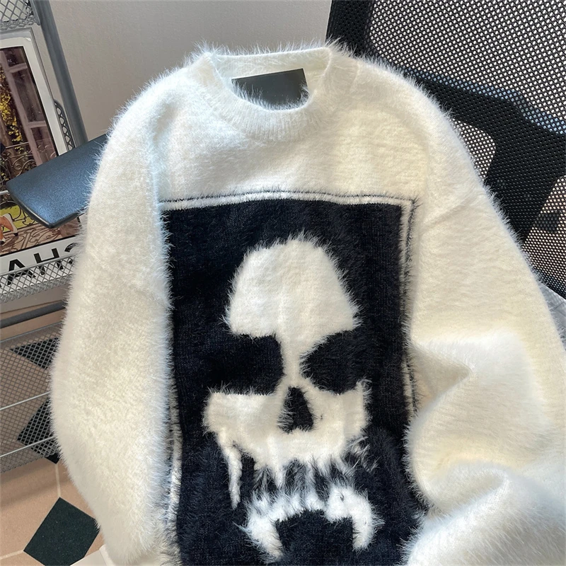 Y2K Winter Skull Head Patchwork Pullover Sweaters for Men - true deals club