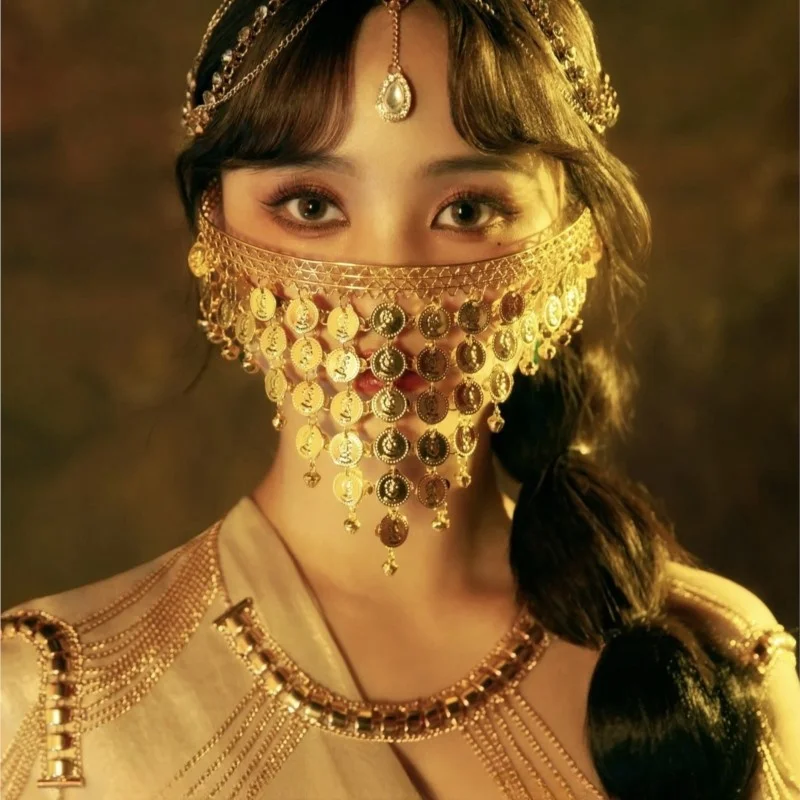 Metal Veil Covering Face Tassel Internet Celebrity Diamond Masked Indian Dance Belly Facial Stickers Headdress