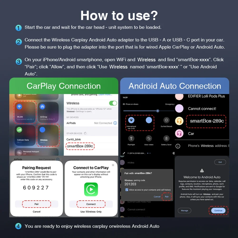 2-in-1 무선 CarPlay & 안드로이드 오토 어댑터 유선 CarPlay를 무선으로 변환하는 플러그 앤 플레이 아이폰 차량용