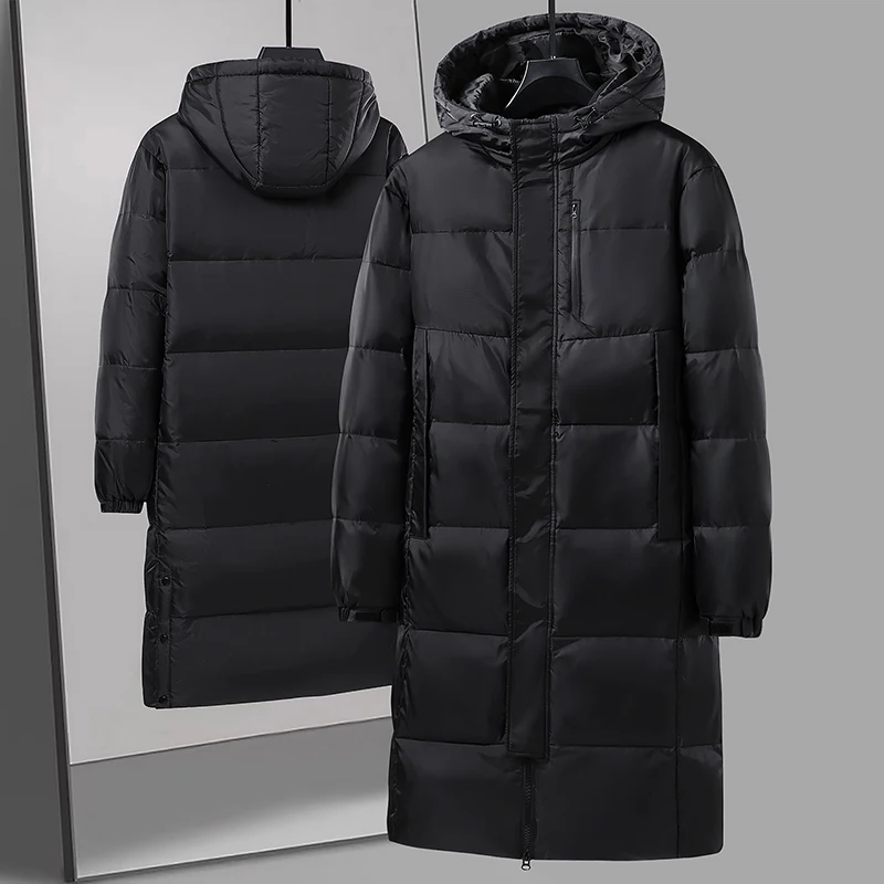 New Down Jacket Men's and Women's Knee Length Black Hooded Coat Brand Clothing Casual Outdoor Warm Goose Down Lining Jacket
