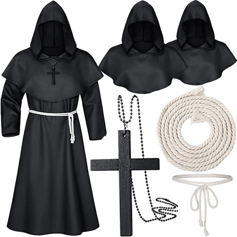 thumbnail image 2 of Capa con capucha de monje medieval, disfraz de hechicero, sacerdote, túnica de Halloween, capa de caballero mago, conjunto de accesorios de fiesta para adultos y adolescentes, 2 of 5