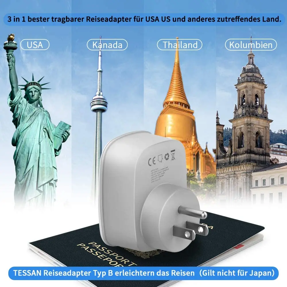TESSAN Travel Adapter EU to USA Socket Adapter with 2 USB, Travel Plug 2 Pin European Schuko to 3 Pin USA Canada Mexico