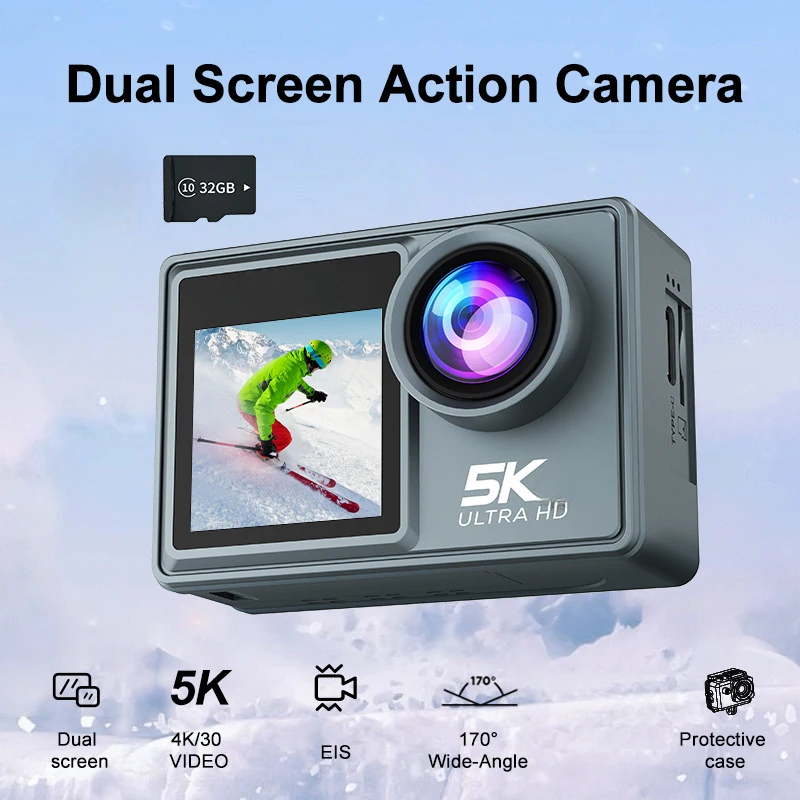 Caméra Action 5K Ultra HD Double Écran 170° Grand Angle + 64Go