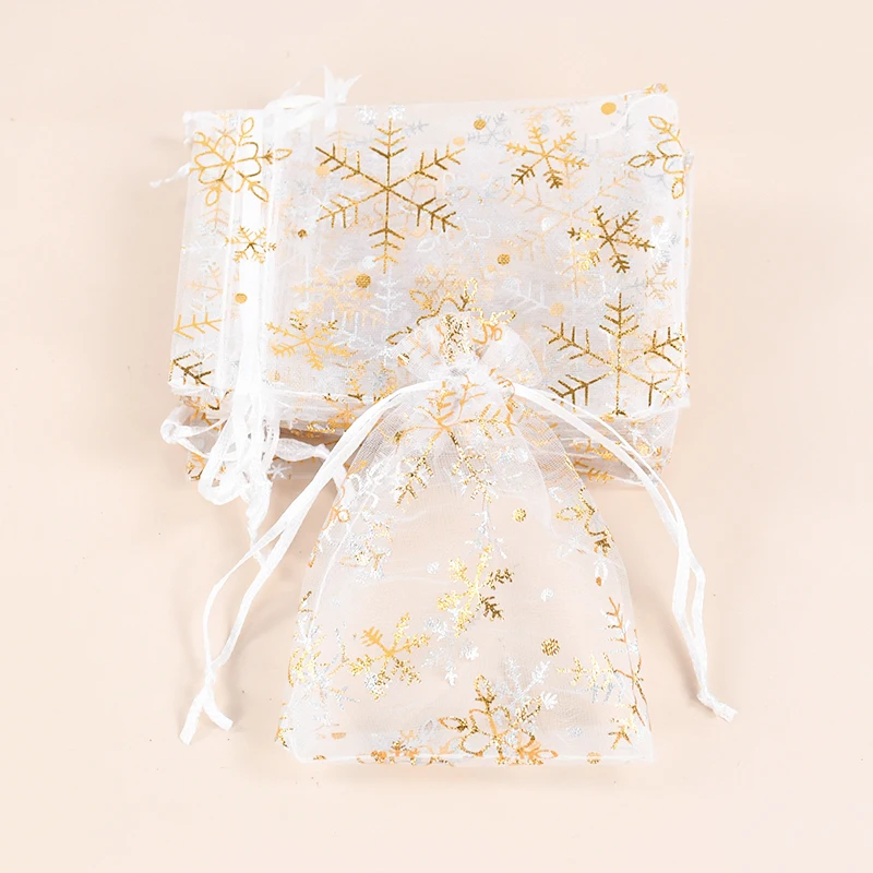 20Pcs Snowflake Organza Gift Bags Jewelry Pouches Gold Silver Snow Drawstring Bag Christmas Party Birthday Wedding Candy Packing