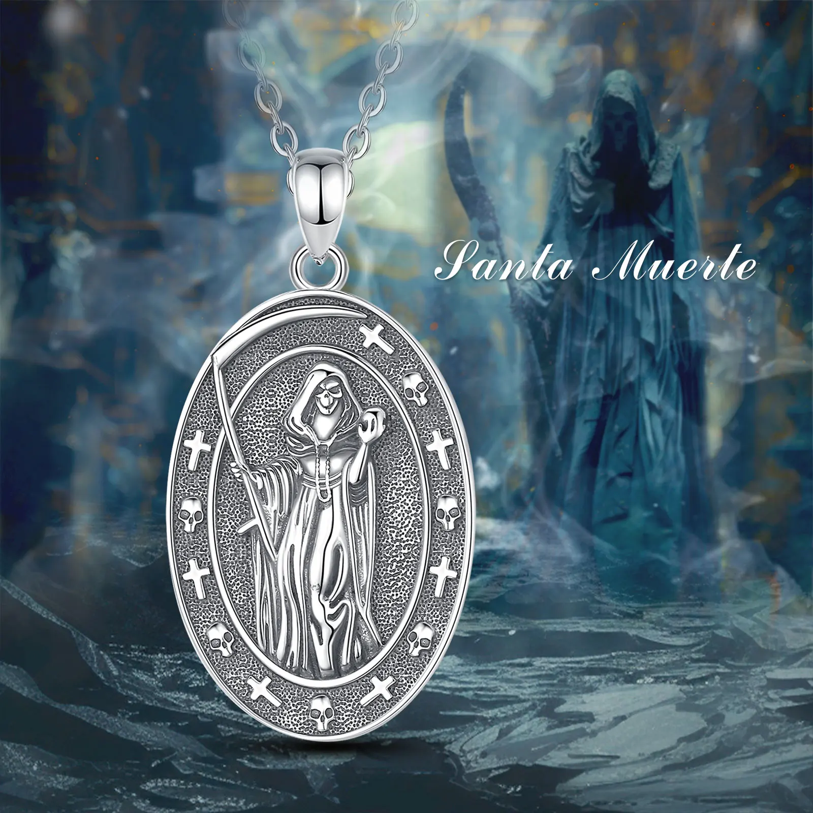 925 Sterling Silver honey Death Scythe Necklace for Women Man Vintage Santa Muerte Mexican Pendant Personality Jewelry pendant necklace silver necklace silver pendant silver necklace charms