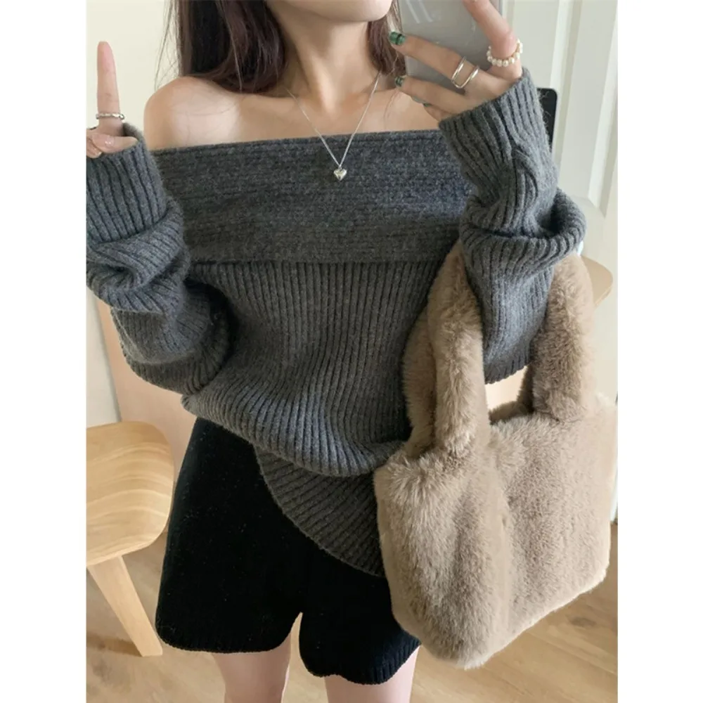 2024 Sexy White Flat-neck Sweater Base with Feminine Collarbone Off-the-shoulder Sweater for Slimming Out Wear 2