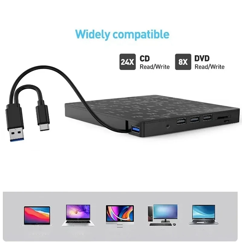 1 Piece 7-In-1 External CD/DVD Drive Burner Black Plastic With SD/TF & USB3.0 Slots Optical Drive For PC Laptop