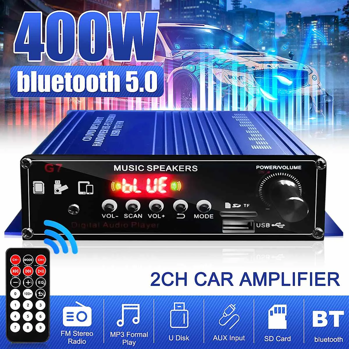 

Усилители мощности G7/G8 100 Вт * 2 Bluetooth 5,0, Hi-Fi аудио усилитель, сабвуфер, динамики 12 В, автомобильный домашний усилитель, FM, USB, TF-карта, AUX вход