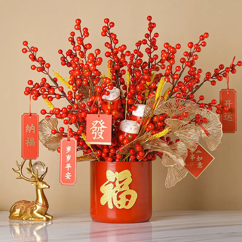 Chinese Red Fortune Fruit Metal Bucket Vase Fake Flower New Year