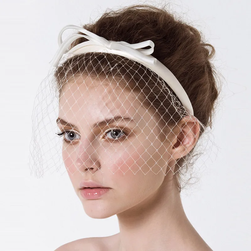 White Headband Veil for Bridal Crystal Birdcage Black Face Net Mask Short Veil Fascinator Elegant Charming Veil Black