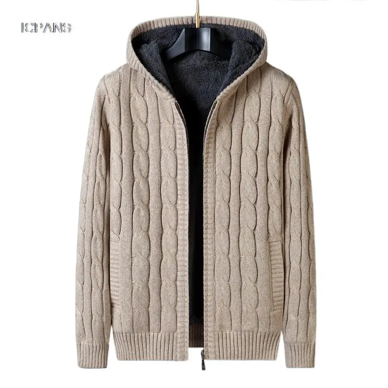 

Wool Liner Cardigan Knitted Hooded Sweater Knitwear Men Fleece Warm Black Khaki Knit Winter Sweater Jackets Coat Clothing Black