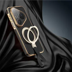 Luxury PU Leather Glossy Grip Case with Metal Rotating Magnetic Ring and Strap for Huawei Pura 80 Ultra (Black)
