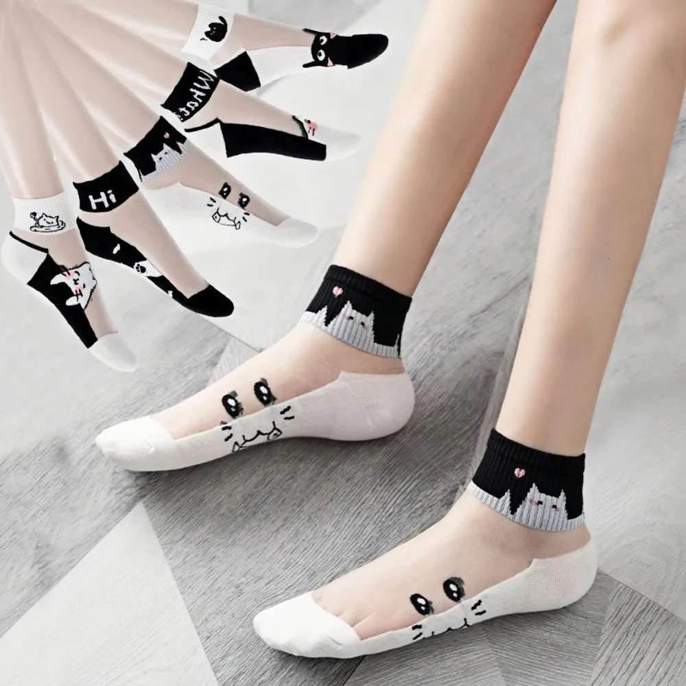 Womens Socks 5Pairs Black and white Cat Glass Fiber Breathable Sweat Absorbing Wear-resistant Odor Proof Summer