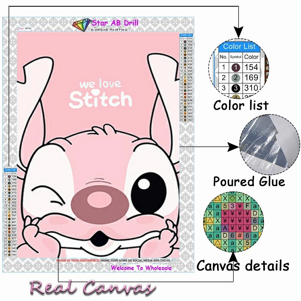 Disney Cartoon Stitch Diy Fairy Dust Diamond Painting Kit Embroidery Ohana  Pink Watercolor Art Home Decor Manual Children's Gift