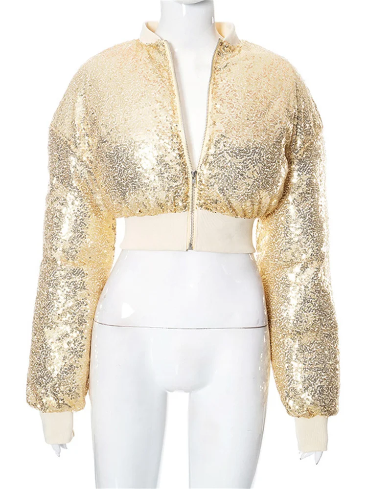 Tossy Sequin Luxury Fashion Outwear Cropped Female Autumn 2023 New Long Sleeve Glitter Cardigan Zipper Women's Coat Streetwear
