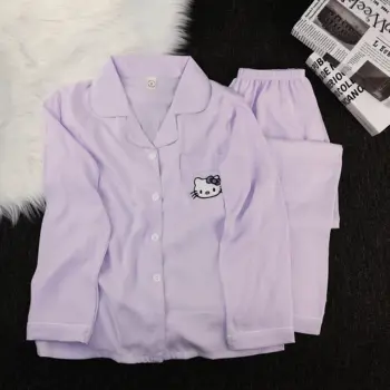 التطريز مرحبا كيتي منامة مجموعة المرأة خريف شتاء طويلة الأكمام سترة وبنطلون ملابس المنزل الكورية دعوى ملابس خاصة 3