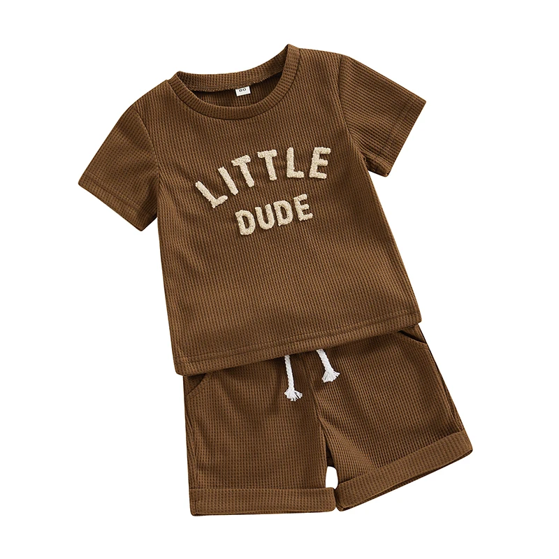 

Toddler Baby Boy Summer Clothes Fuzzy Letter Waffle Short Sleeve T-Shirts Tops Elastic Waist Shorts Set Outfit