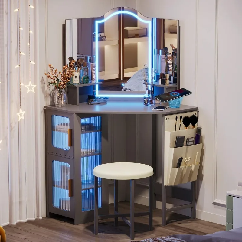 

Vanity Desk with Mirror and Lights, Makeup Vanity with Charging Station, Dressing Table with 3 Lighting Options, Vanity Set