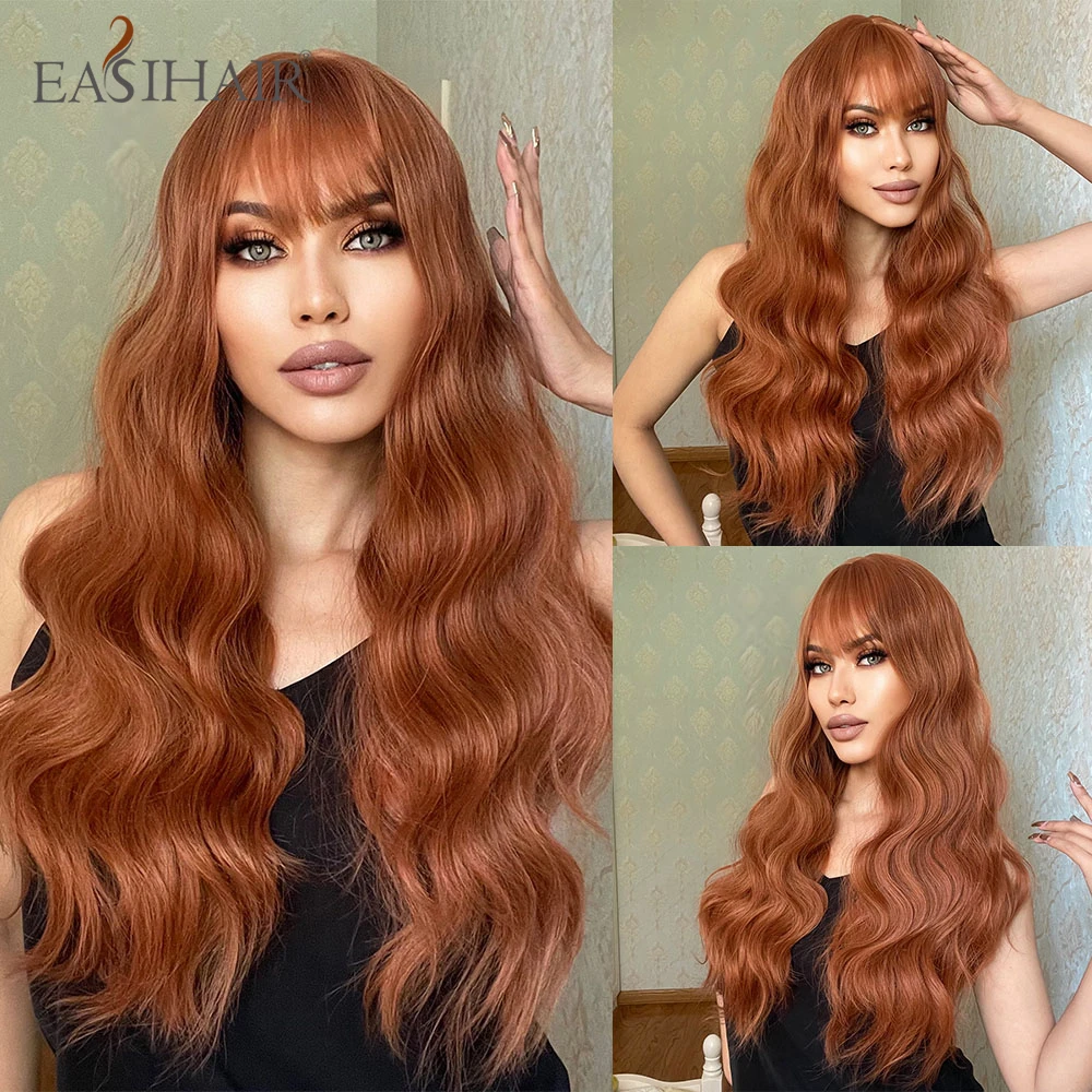 

EASIHAIR Copper Red Brown Synthetic Wigs Long Curly Wave Auburn Wigs with Bangs for Women Cosplay Daily Natural Heat Resistant