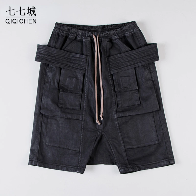Pantalones cortos deportivos de algodón con diseño de doble para hombre, con capa de cera recubierta, cintura elástica, lavada, con cordón, pantalones cortos vaqueros negros Retro| | - AliExpress
