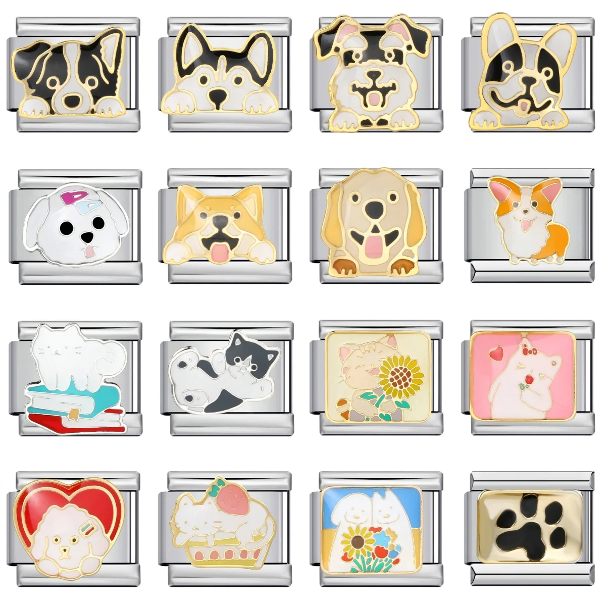 Abalorio italiano de moda, estilo Kawaii y lindo, con diseño de perro, gato y panda, compatible con pulseras de 9mm, de acero inoxidable, para fabricación de joyas DIY, regalo para mujer
