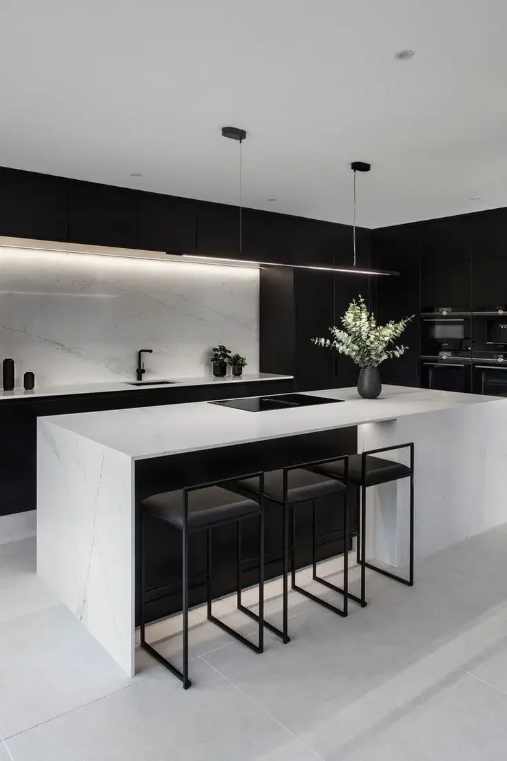 Modern Kitchen Design White Black Lacquer High End Flat Door Modular Kitchen Cabinets With Quartz Island