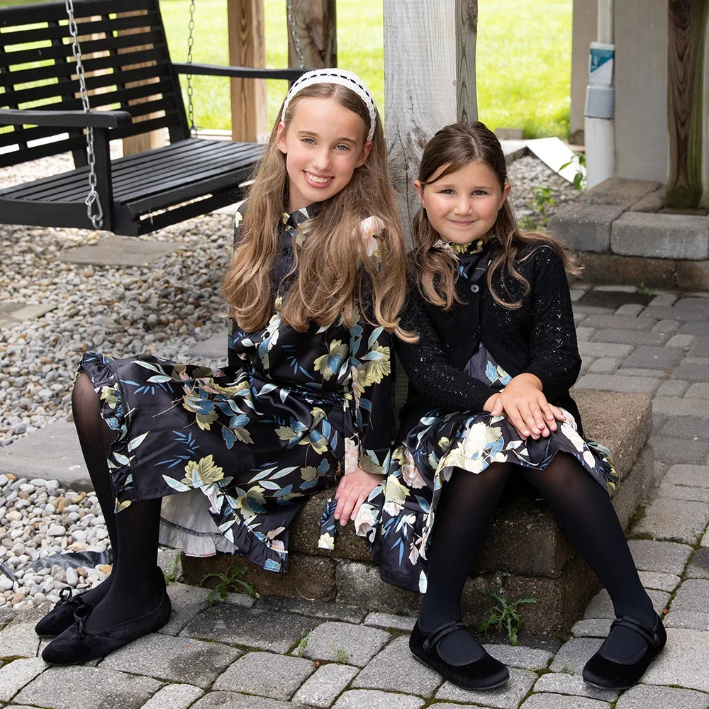 AP Satin Garden Collection Autumn Girls Blue Floral Dress Sweet Kids Flounce Clothing Set Baby Cute Romper Cardigan, #7705