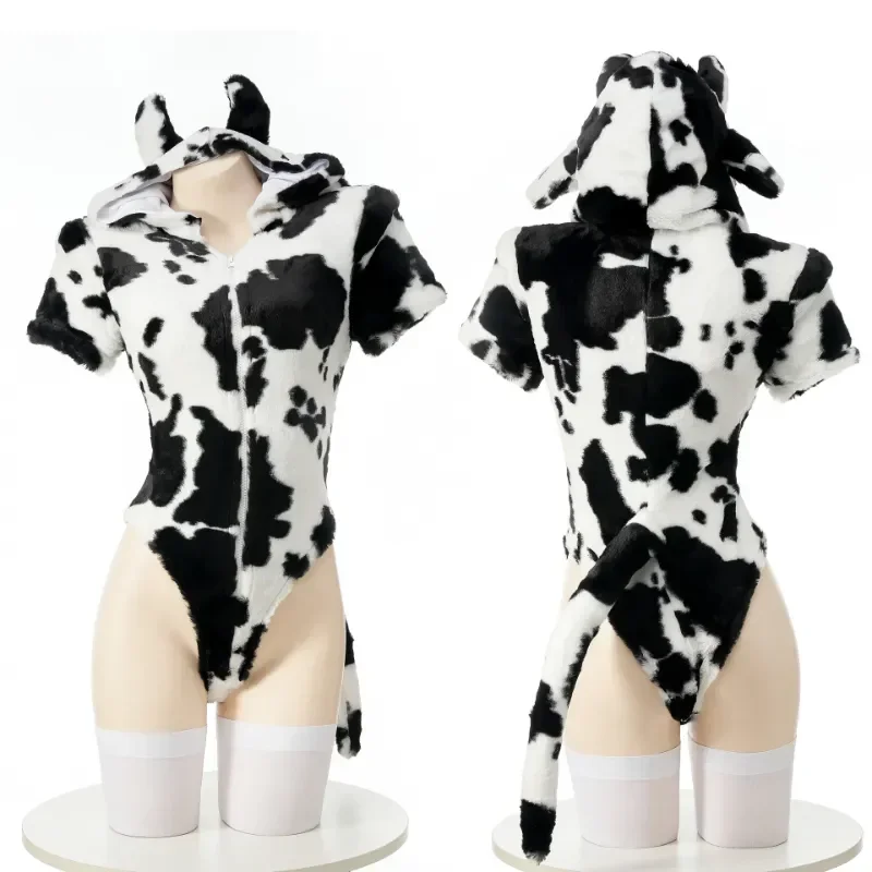 

Cow Plush Hoodie Bodysuit Tail Animal Cute Dairy Cattle Hooded Pajamas Outfits Cosplay Costumes Halloween Role Paly Underwear