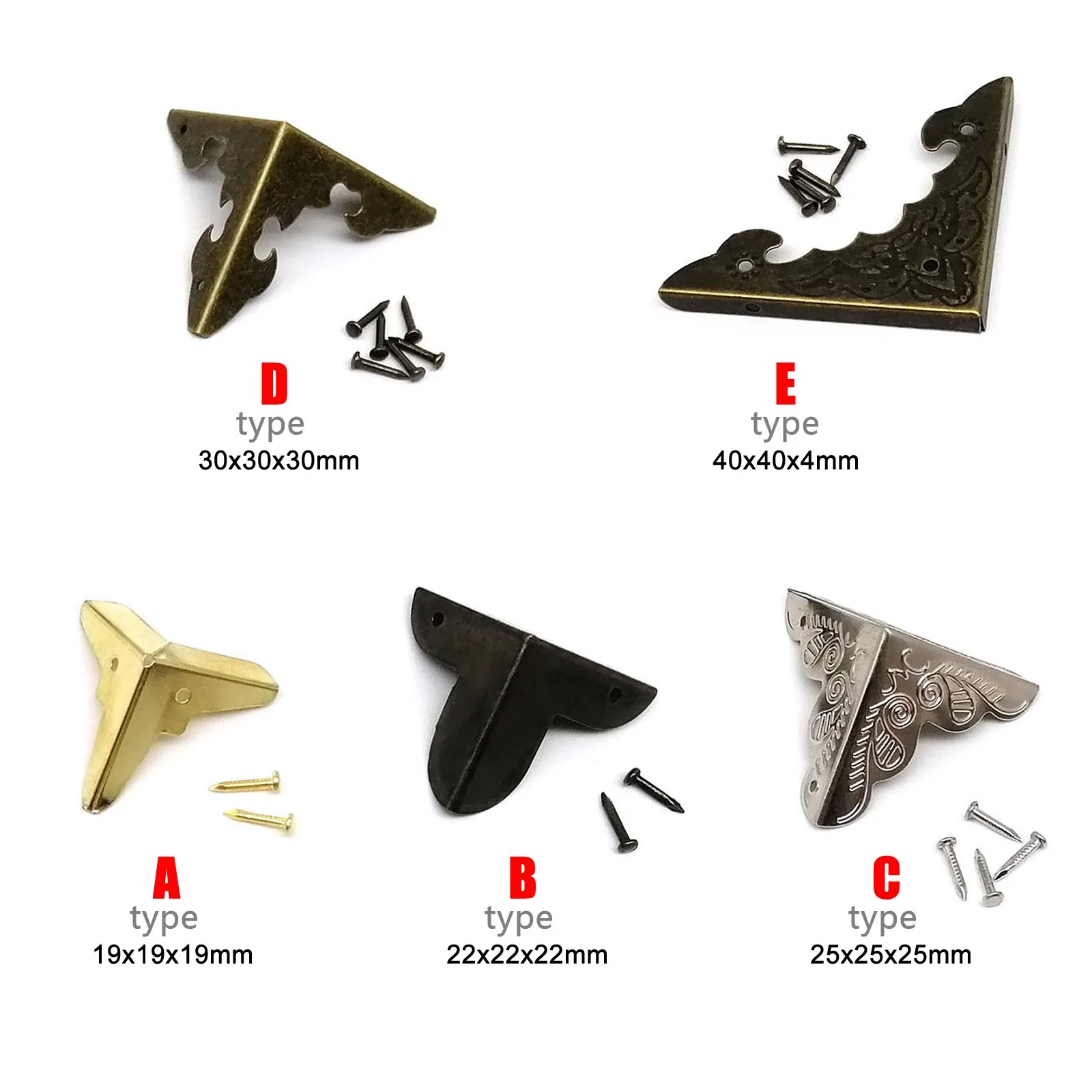 12pcs Decorative Jewelry Chest Wine Gift Box Wooden Case Suitcase Antique Brass Gold Furniture Corner Protector Cover with Nails