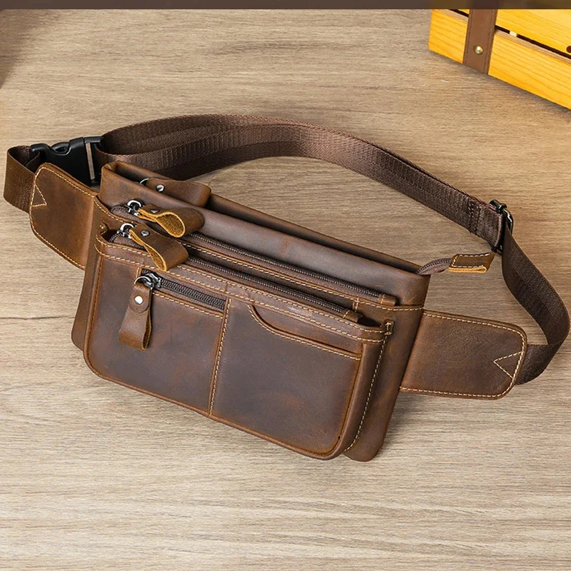 

Crazy Horse Leather Waist Bag For Men Male Genuine Pack Fanny Belt Pouch Man Crossbody Bags Phone