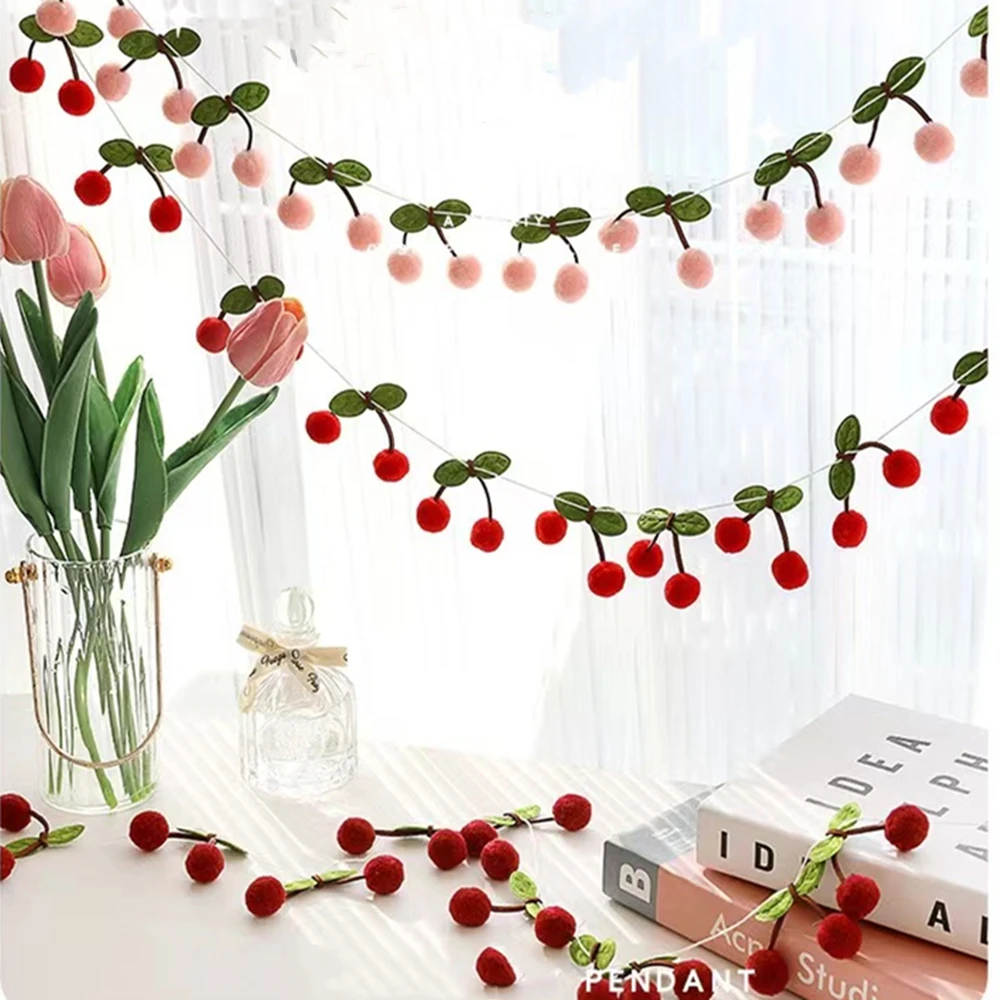 Birthday Streamers Birthday Banner Party Decorations Wool Felt Ball Garland 1Set INS Felt Cherry Garland Flag For Kids 1st Birthday Baby Shower Party Decoration Bayberry Fruit Bedroom Wall Hanging Banners