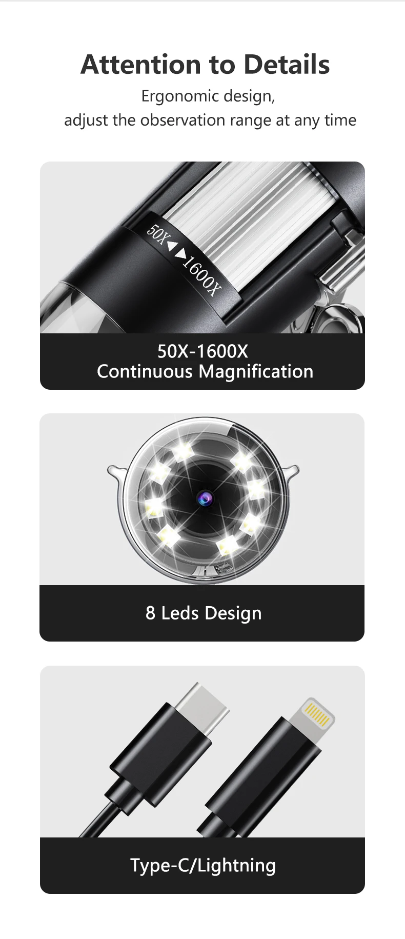 Description Picture 5 of itemHayve USB Microscope 1600X Zoom 1920P HD Electronic Digital Microscopes for Soldering with 8 LEDs Compatible with iOS & Android