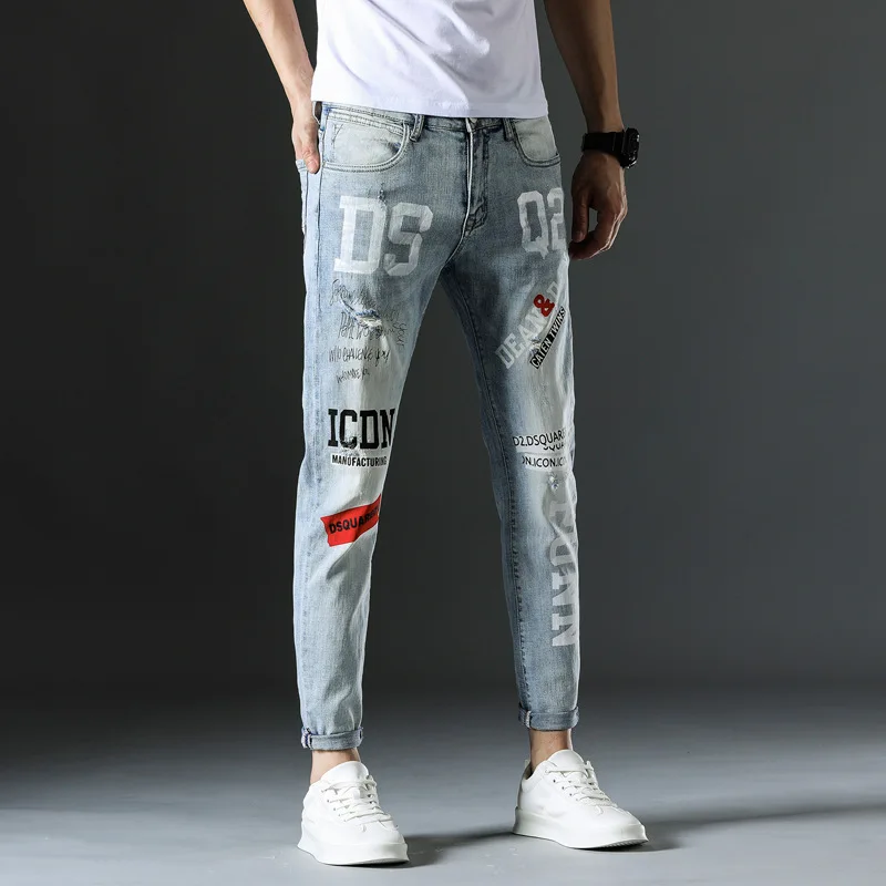 Men's Jeans Spring Summer Korean Fashion Pants Classic Overalls Straight Trousers for Men Large Size Painted Worn Slim Fit D2