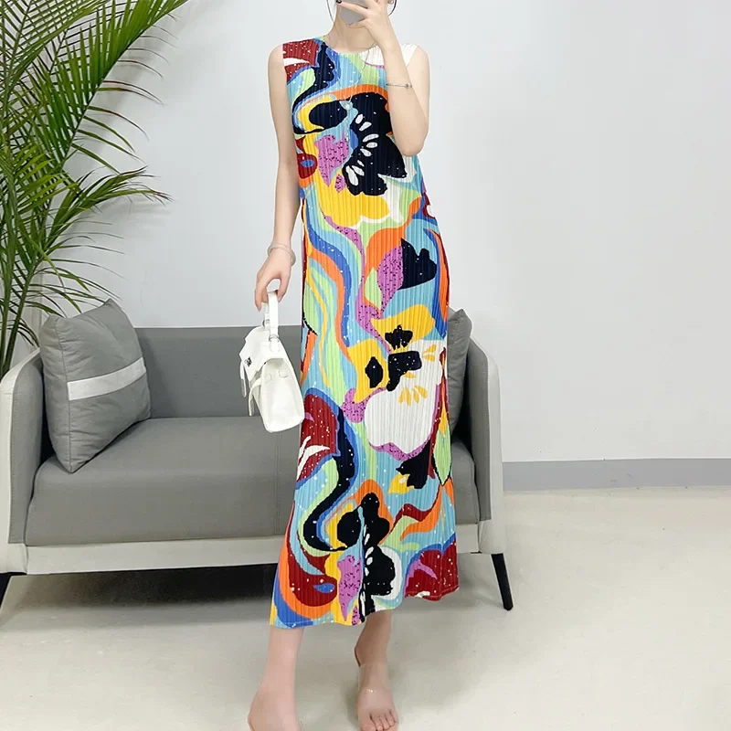 

Женское плиссированное платье миаке, Новинка лета 2024, плиссированное повседневное приталенное платье без рукавов с круглым вырезом и принтом, Женская длинная юбка