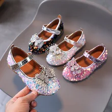 

Kids Shoes for Girl Leather Sequin Butterfly Princess Shoes Spring and Autumn New Flat Children's Single Shoes Pink Black White
