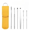Stainless Steel Ear Digging Spoon Leather Cover 6pc Cleaner Scoop Double-Headed Spiral Cleaning Health Care Ear Picking Tool Set 1