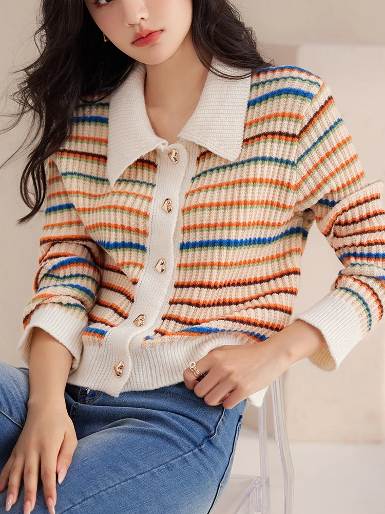 

QOERLIN Rainbow Striped Polo Collar Autumn Winter Short Knitted Bottom Cardigan Women Korean Fashion Slim Stretch Cropped Tops