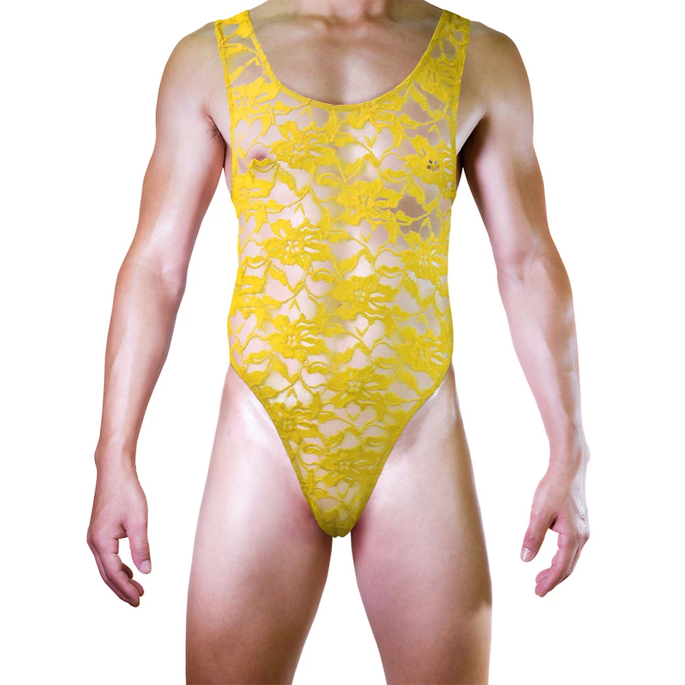 Men Sexy Lingerie Bodysuit Sleeveless Thong Leotard Lace Undershirt Underwear Swimwear Bikini High Slit Bodycon Gay Erotic