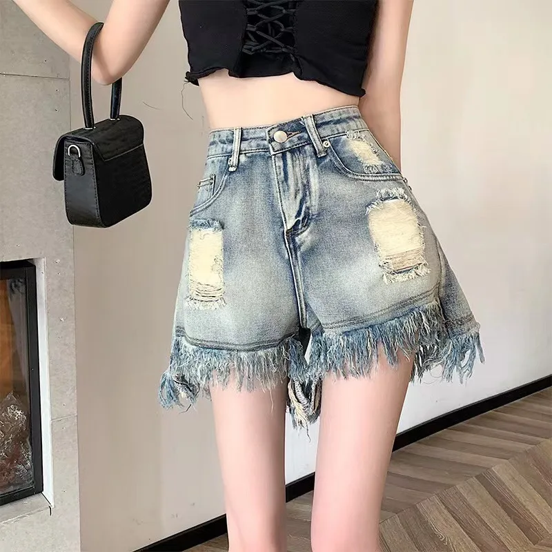 Polished White Worn-out Spicy Girl Tassel Torn Jeans Women's Summer Rough Edge A-line Loose Wide Leg Denim Fashion Shorts Pants