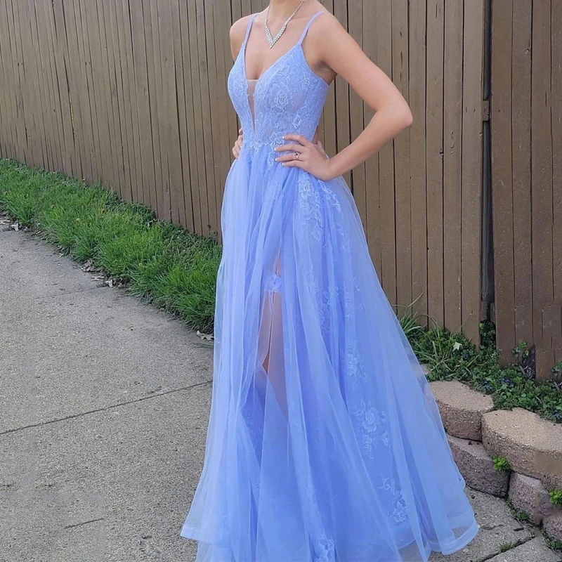 

Sky Blue Evening Dresses Deep V Neck Applique Lace A Line Prom Dress Backless Custom Made Formal Party Gowns