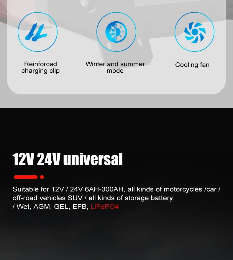 EAFC 20A/10A 12V/24V Autobatterieladegerät Vollautomatisches Batterieladegerät Pulsreparatur für Agm Gel Nass Blei Säure Lifepo4 Batterie – Detail 5