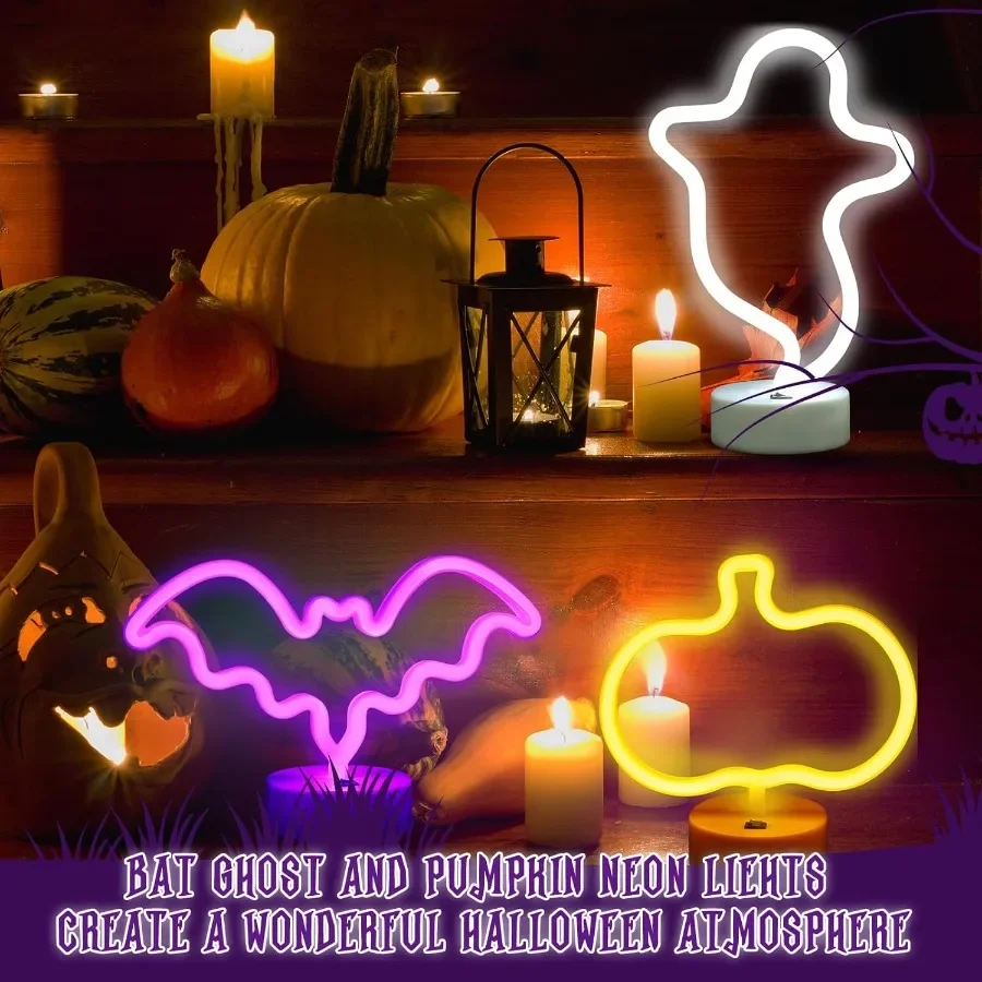 3 Pcs Neon Light Halloween Decorations LED Lamps Ghost Pumpkin Bat Shape Neon Signs Decorative Battery Operated Night Lights wi