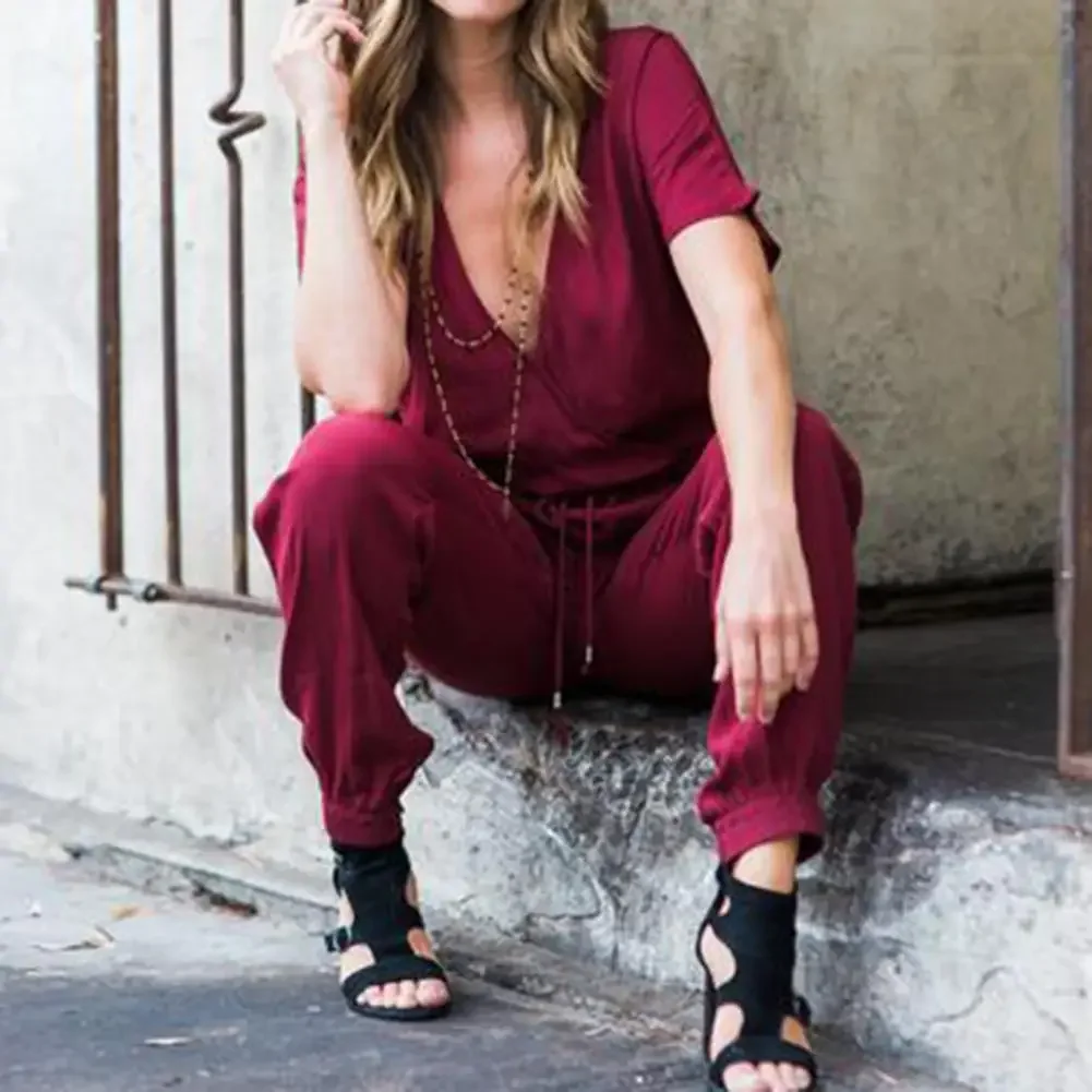 2024 Stylish Jumpsuit Ankle Length Summer Romper Simple Elastic Waist Short Sleeves Summer Jumpsuit  Elegant