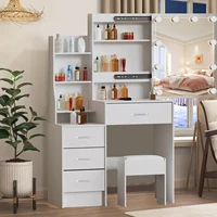 Белый туалетный столик для макияжа с подсветкой, раздвижное зеркало, 4-ящик, туалетный столик, табурет — изображение 2