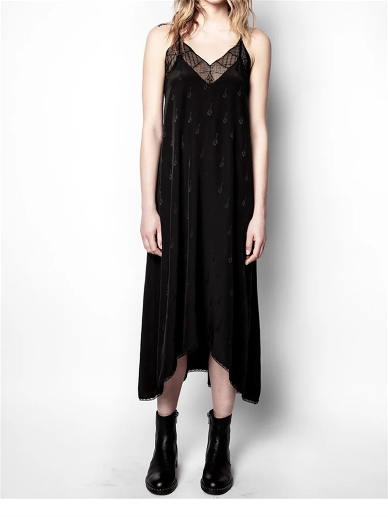 

Summer 2024 New Women's Guitar Jacquard Sling Dress 100% Silk Black Lace Splicing Female Irregular Hem Mid Length Robe